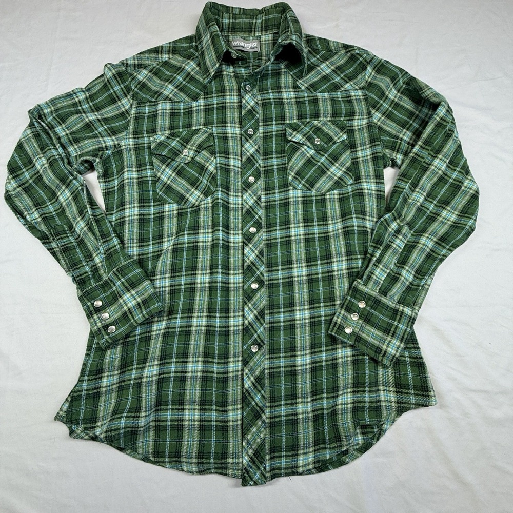 Wrangler Wrancher Men's S Green Plaid Flannel Pearl Snap Western Shirt